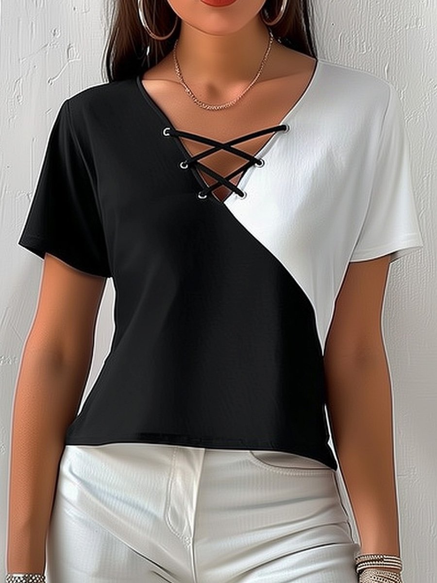 V-neck Tie Colorblock Short-sleeved Top