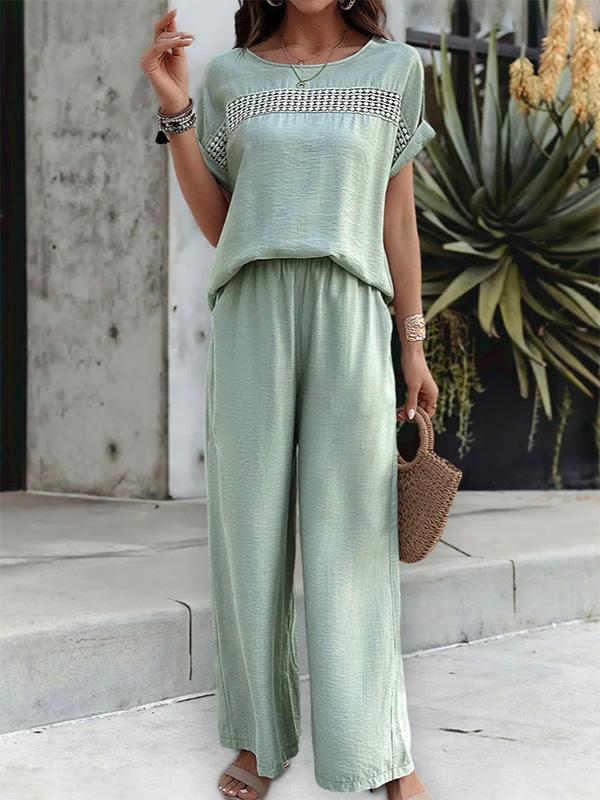 Round Neck Lace Short-sleeved Top and Casual Trousers Set