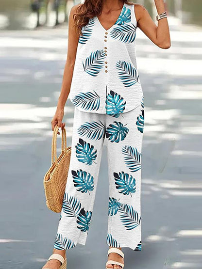 V-neck Casual Solid Color Printed Vest Wide-leg Pants Suit