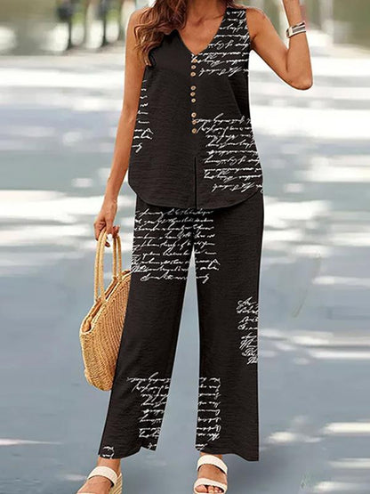 V-neck Casual Solid Color Printed Vest Wide-leg Pants Suit