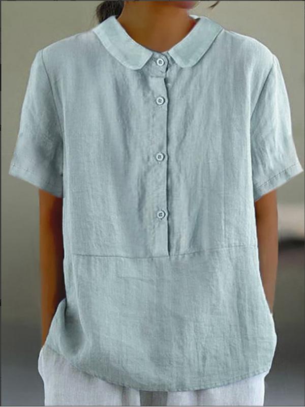 Cotton and Linen Lapel Stitching Everyday Versatile Short-sleeved Top