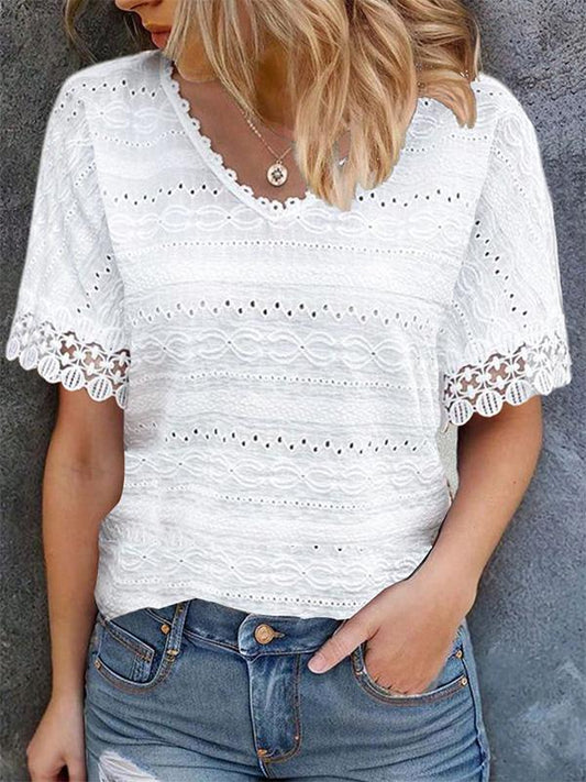 V-neck Lace Patchwork Loose Casual Top