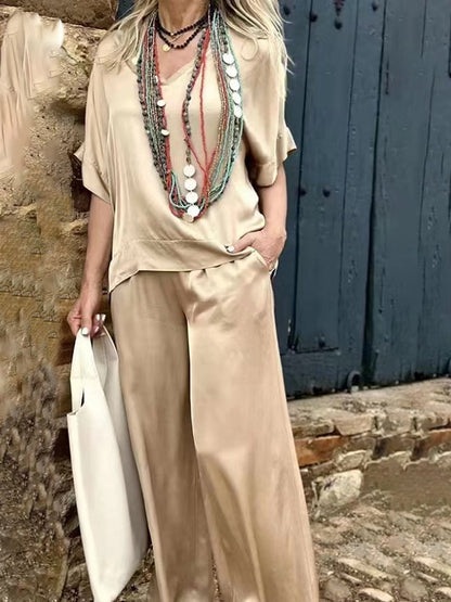 V-neck Top and Pocket Pants Silk Set