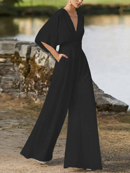 V-Neck High-Waisted Wide-Leg Jumpsuit