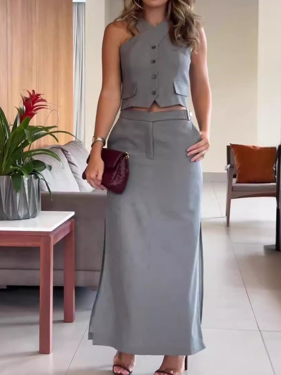 Elegant Halterneck Vest High Waist Skirt Two Piece Set