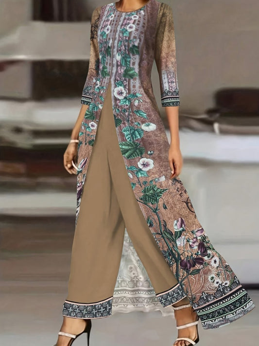 Retro Printed Slit Dress and Pants Set