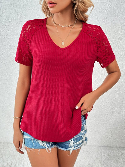 Hollow Lace Patchwork V-neck Loose T-shirt