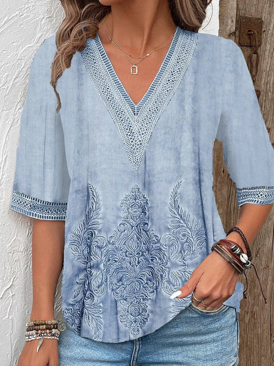 V-neck Hollow-out Lace Casual Top