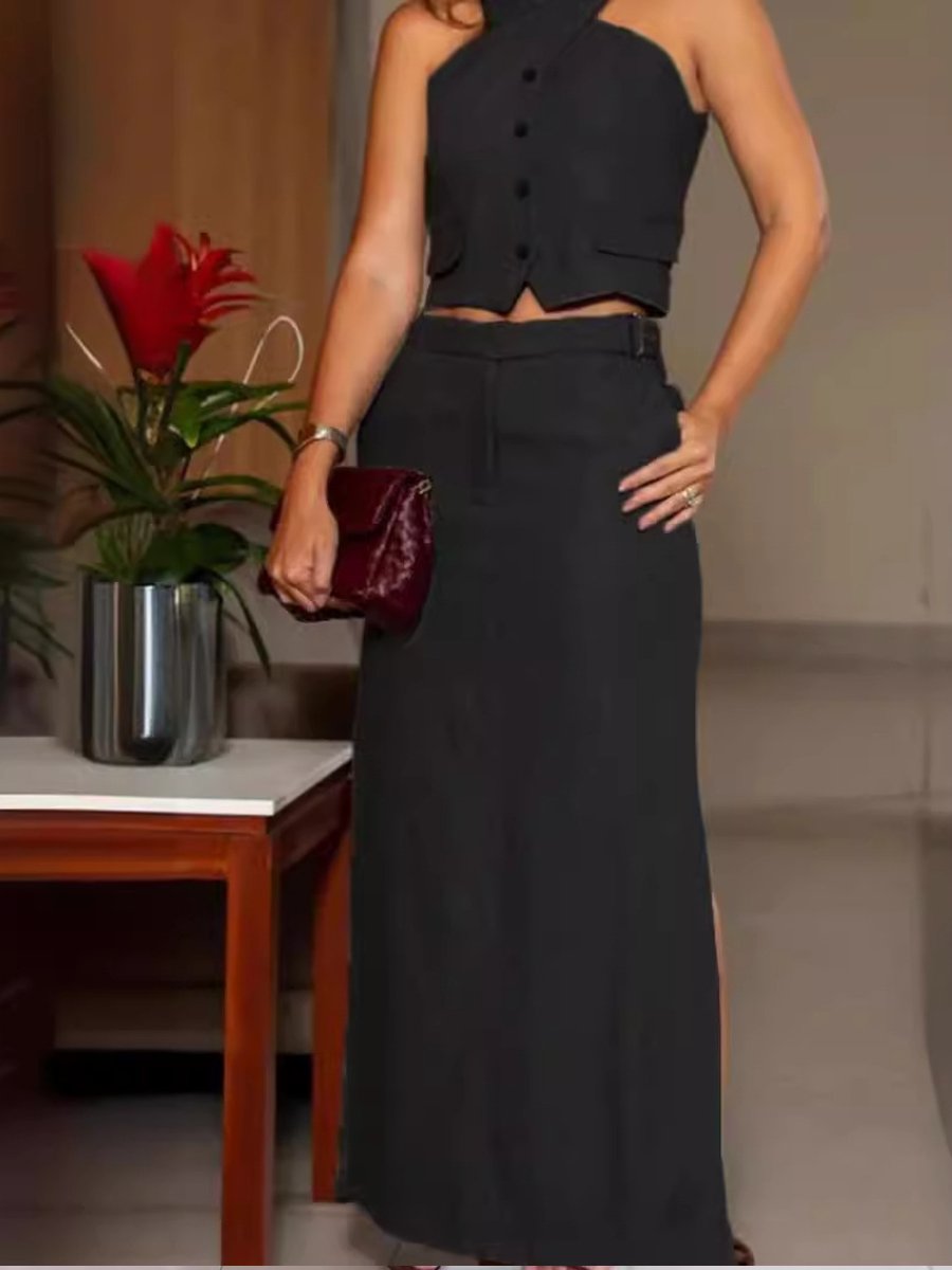 Elegant Halterneck Vest High Waist Skirt Two Piece Set