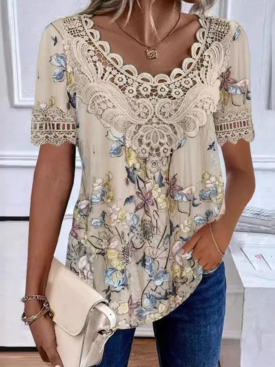 Round Neck Lace Print Short Sleeve T-shirt